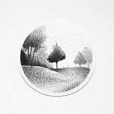 a black and white drawing of trees in a field