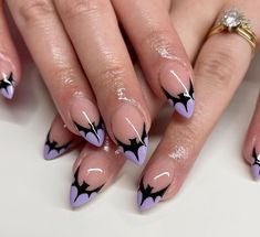 Witch Hat Nail Design, Bats On Nails, Witchy Nail Designs Short, Nail Art For Small Nails, Bat French Tip Nails, Short Almond Halloween Nails, Cat Eye Halloween Nails, Fall Nail Designs Almond, Minimal Halloween Nails