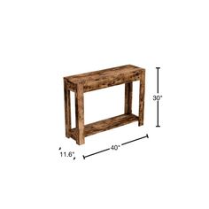 a small wooden table with measurements for the top and bottom shelf on it's side