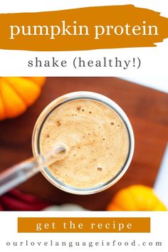 pumpkin protein shake in a glass with text overlay