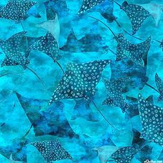 many blue and white stingfishs swimming in the ocean on watercolor paper with spots