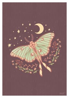 a drawing of a butterfly with stars on it's wings and the moon in the background