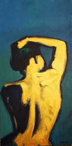 an abstract painting of a woman in yellow and black, with her back turned to the camera