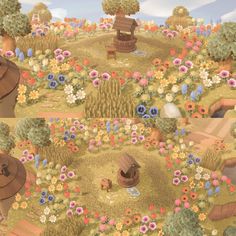 an animal themed landscape with flowers and trees