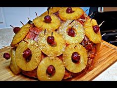 a pineapple upside down cake on a cutting board