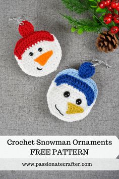 two crocheted snowman ornaments with pine cones