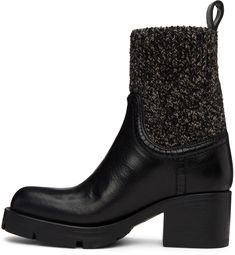 Ankle-high grained calfskin boots in black and gray. · Rib knit wool collar · Logo-embossed pull-loop at heel tab · Buffed calfskin lining · Stacked rubber block heel · Treaded rubber sole · Topstitching in white · Heel: H2.25 in Supplier color: Black Winter Heeled Boots With Leather Sole, Winter Calf Leather Platform Boots, Luxury High Ankle Winter Heeled Boots, Luxury High Ankle Heeled Boots For Winter, Wool Ankle Boots For Fall, Luxury Winter Moto Ankle Boots, Winter Mid-calf Boots In Calf Leather With Reinforced Heel, Winter High Ankle Mid-calf Calf Leather Boots, Winter Mid-calf Calf Leather Boots With Reinforced Heel