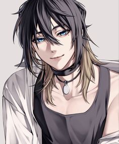 an anime character with black hair and blue eyes wearing a choker, looking at the camera