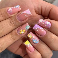 Amazon.com: MERVF Long Press on Nails Coffin Fake Nails French Tip Pink Ballerina Cute Glue on Nails Press ons Acrylic Nails Colorful Flower Glossy 24pcs Spring False Nails : Beauty & Personal Care Nail Boo, Long Press On Nails, Nagel Tips, Colorful Nails, Hari Valentine, Her Nails, Uñas Acrilicas, Girls Nails, Easy Nail Art