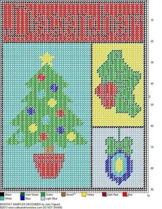 a cross stitch christmas tree with presents on it