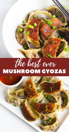 the best ever mushroom gyozas with sauce in a white bowl on a plate