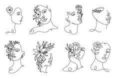 six line drawings of women's heads with flowers in their hair