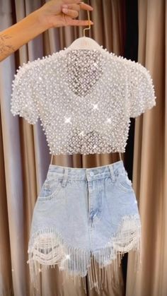 this sparkly beaded crop top with the shimmering distressed jean shorts Electro Festival Outfit, Beyonce Concert Outfit, Beyonce Outfits, Fest Outfits, Nashville Outfits, Pastel Outfit, Bachelorette Outfits, Country Concert Outfit