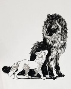 two wolfs standing next to each other on a white background with black and white ink