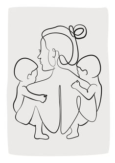 a black and white line drawing of a mother holding her two children in her arms