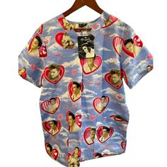 New With Tags Must Have For Elvis Fans In The Medical Field Or Other Job Where Scrub Tops Are Needed. Blue Tops With Heart Print For Spring, Blue Heart Print Tops For Spring, Spring Blue Heart Print Tops, Blue Heart Print Top For Summer, Love Me Tender, Vans Hoodie, Short Faux Fur Jacket, Grey Trench Coat, Leopard Print Jacket