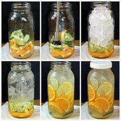 several pictures of mason jars filled with lemons, cucumbers and ice cubes