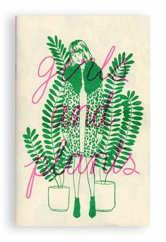 a drawing of a woman in a green dress surrounded by plants with the word girl on it