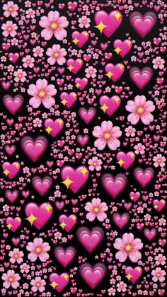 pink hearts and flowers are arranged in the shape of stars on a black background with yellow stars