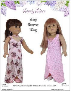 two dolls wearing dresses with flowers on them and the text lovely lilacs easy summer dress