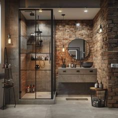 a bathroom with brick walls and stone flooring