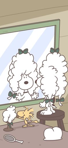 two cartoon sheep are standing in front of a mirror and another dog is sitting on the floor