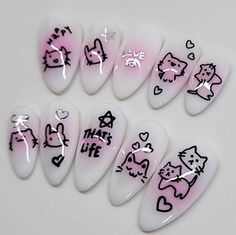 Doodle Nails, 2 Bunnies, Paznokcie Hello Kitty, Punk Nails, Anime Nails, Cat Doodle, Grunge Nails