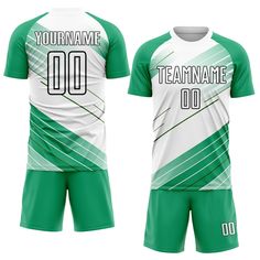 a soccer jersey with the name team name 00 on it and two shorts, all in green