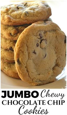 two chocolate chip cookies stacked on top of each other with the words jumbo chewy chocolate chip cookies