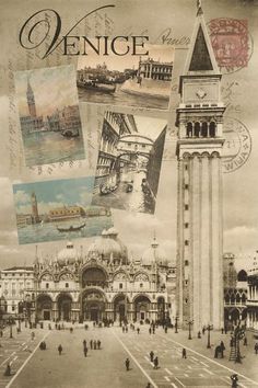 an old postcard with pictures of buildings and people on the street in venice, italy