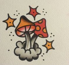 a drawing of a mushroom with stars on it's head and in the air