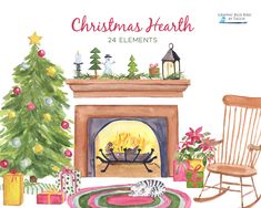 a watercolor christmas card with a fireplace, rocking chair and presents in front of it