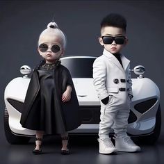 two young children standing in front of a white car wearing sunglasses and black clothing, all dressed up