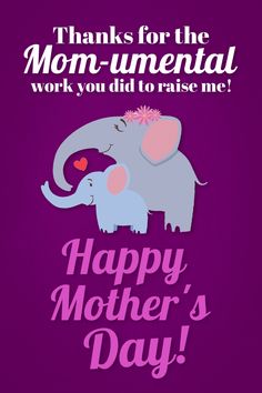 a mother's day card with an elephant and her baby