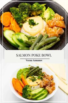 salmon poke bowl with broccoli, carrots and cucumber in it