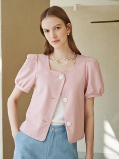 Softly structured, this effortless blouse.It is exceptionally soft and durable.Great outfits start here. - Square neck and puff sleeve blouse- Cropped blouse, it's cute and fit perfectly everywhere- Two way styles, jacker or blouse - Button closure and different hem length- It looks as good in the office as it does out Pink Puff Sleeve Blouse For Day Out, Pink Blouse With Gathered Sleeves For Daywear, Daywear Tops With Puff Gathered Sleeves, Pink Tops With Blouson Sleeves For Daywear, Pink Blouson Sleeves Top For Daywear, Pink Workwear Top With Blouson Sleeves, Pink Blouson Sleeve Top For Work, Feminine Tops With Gathered Sleeves And Square Neck, Feminine Tops With Square Neck And Gathered Sleeves