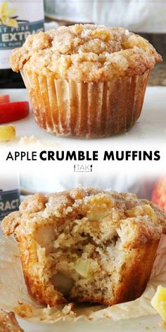 an apple crumble muffin is cut in half