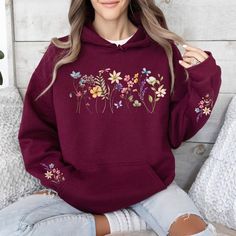 Flower designs on front, back and sleeves Spring Crew Neck Sweater With Drawstring Hood, Vintage Long Sleeve Hoodie For Spring, Long Sleeve Floral Print Hoodie For Fall, Winter Floral Print Cotton Hoodie, Floral Print Long Sleeve Sweatshirt For Fall, Vintage Hooded Hoodie For Spring, Casual Floral Print Hooded Sweatshirt, Casual Hooded Sweatshirt With Floral Print, Casual Winter Sweatshirt With Floral Print