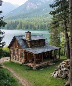 a log cabin sits on the shore of a lake