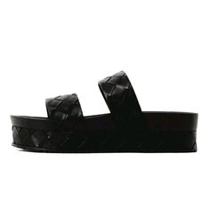 Open-Toe Vegan Leather Slide Sandals Feature Two Wide Straps With A Woven Over-Under Design, As Well As A Matching, Extra Thick Stacked Platform Finished With A Molded Footbed And A Ridged Sole. No Closures Are Included. Vegan Leather Platform Height: 2" Black Color True Size Thick Sandals, Leather Slide Sandals, Sunset Views, Leather Slides, Wide Straps, Birthday Outfit, Slide Sandals, Platform Sandals, Black Sandals