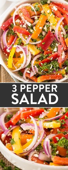 three different salads with peppers and onions in them