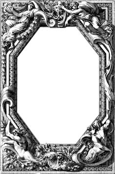 an ornate frame with angels and flowers in the center, vintage line drawing or engraving