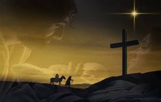 two people riding horses in front of a cross with the sky behind them at night