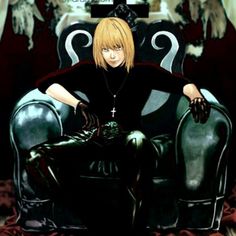 an anime character sitting in a chair with his hands on his knees and legs crossed