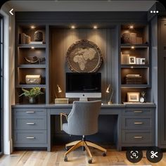 a home office with built - in shelving, desk and chair is shown on the phone screen