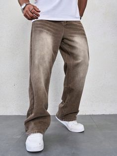 Men's Solid Color Simple Daily Denim Jeans Khaki    Denim Plain Wide Leg Non-Stretch  Men Clothing, size features are:Bust: ,Length: ,Sleeve Length: Brown Washed Jeans For Streetwear, Urban Brown Denim Bottoms, Urban Style Relaxed Fit Brown Jeans, Brown Relaxed Fit Jeans For Streetwear, Urban Style Brown Relaxed Fit Jeans, Brown Washed Denim Pants, Baggy Brown Jeans With Five Pockets, Casual Brown Denim Jeans, Brown Jeans Outfit Mens