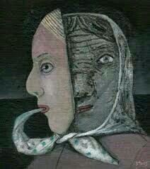 a painting of a woman's head with a scarf wrapped around her neck and the face of a man