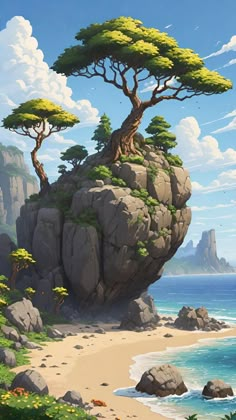 a painting of some trees on top of a rock