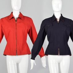 This listing is for one reversible jacket.  Navy blue wool gabardine on one side, red cotton on the other.  Front zip, button cuffs, and shoulder pads. Elastic in both sides. Navy side has two pockets with flaps. The red side has  three brown stains on the left sleeve and a very light brown mark on the left front. The elastic is brittle with little stretch left to it. Presents beautifully overall. Size Marked: Unmarked Approximate Size: Medium **Please Check Measurements to be Sure! Fabric: Unmarked Lining Type: None Closure: Zip Label: Unmarked Condition: Very Good Era: 1950s Measurements- Shoulder to Shoulder:  17" Shoulder to Cuff:  22.5" Bust:  42" Waist:  32" Length:  23.5" All measurements taken with garment flat and doubled when necessary.  **New listings every week. Come back often Sukajan Jacket, Leather Varsity Jackets, 1950s Mens, Navy Coat, 50s Vintage, Reversible Jacket, Satin Jackets, Vintage Coat, Corduroy Jacket