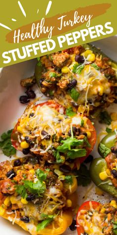 healthy turkey stuffed peppers on a plate with text overlay that reads healthy turkey stuffed peppers